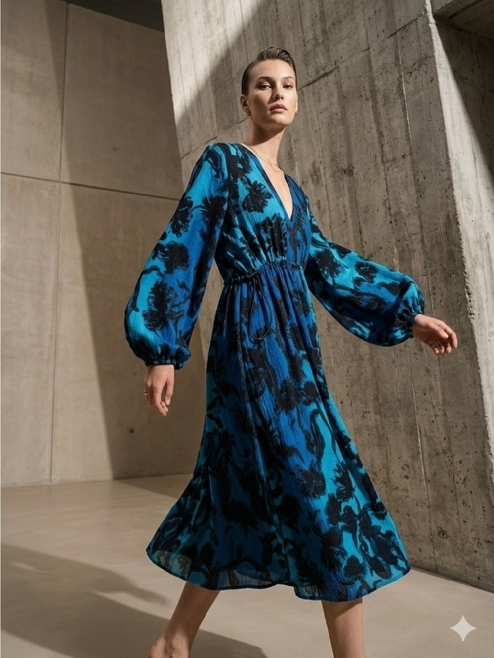 NWT Stine Goya Veroma Abstract Floral Oversized Midi Dress Blue Black XS